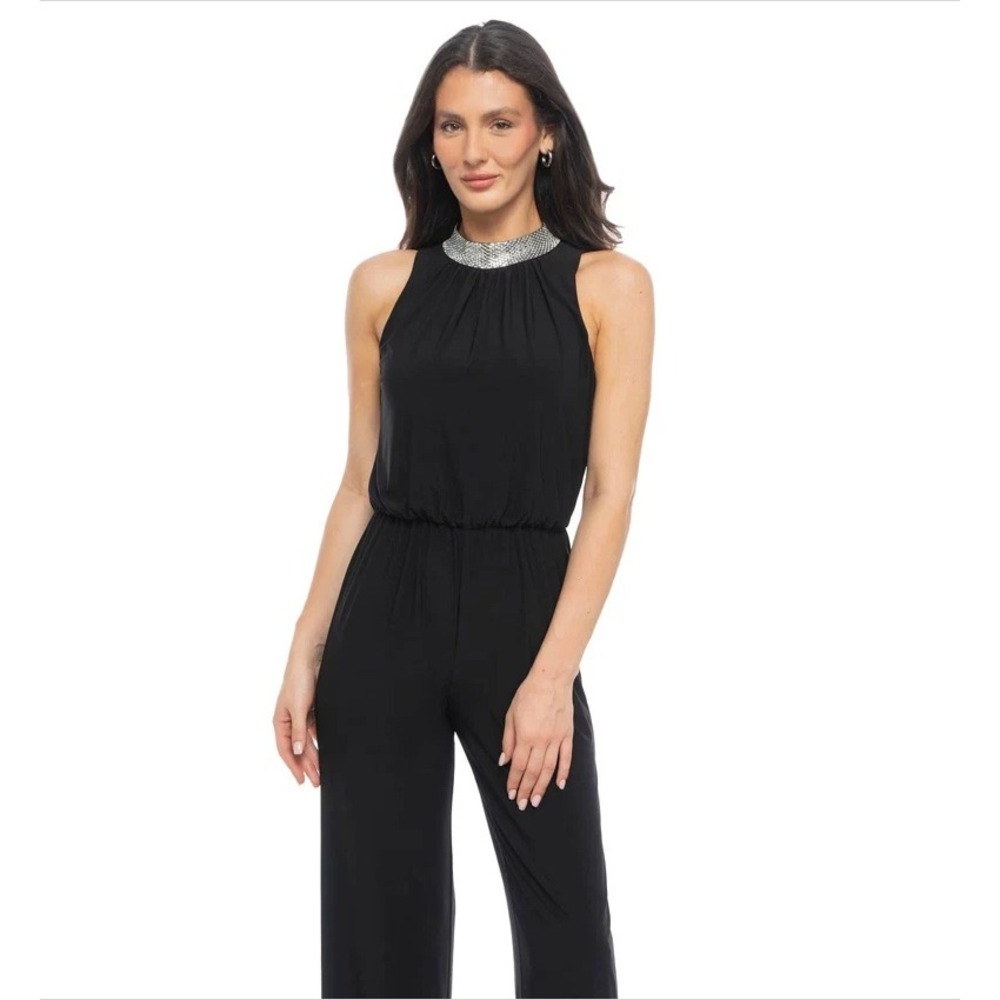 Marina Ity Rhinestone Neck Black Jumpsuit Sleeveless Embellished Mock Neck Sz M